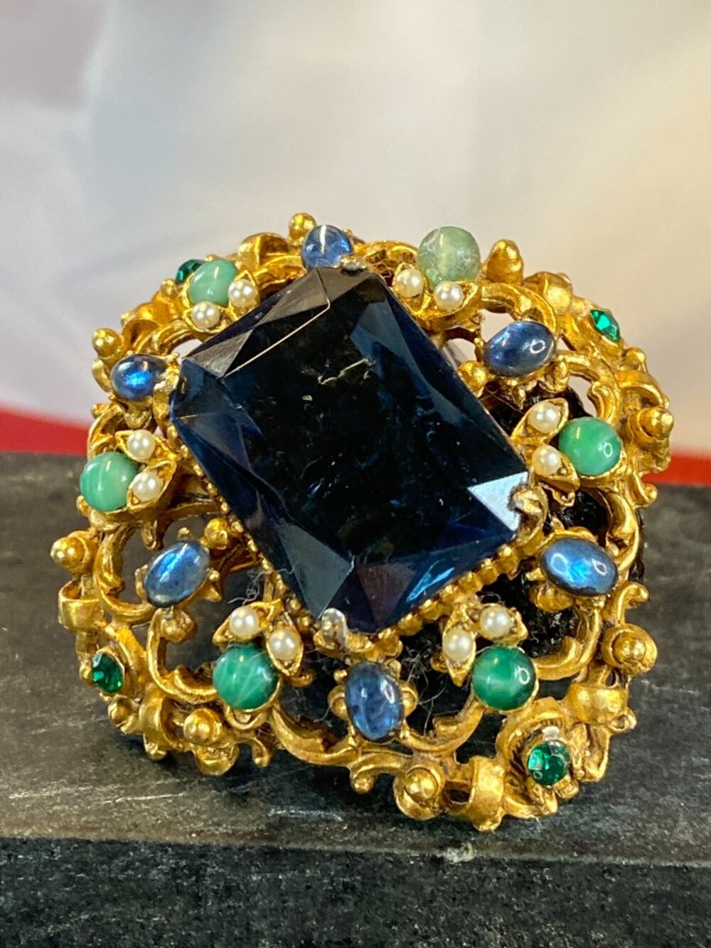 Vintage Florenza Brooch Pendant w/ Large Emerald-cut Sapphire Blue Glass Stone - Picture 13 of 14